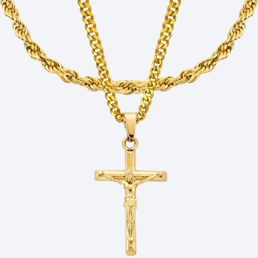 Set Crucifijo Doble cadena Baño Oro 18k