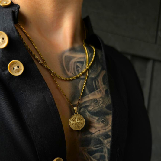 Set Brujula Doble cadena Baño Oro 18k