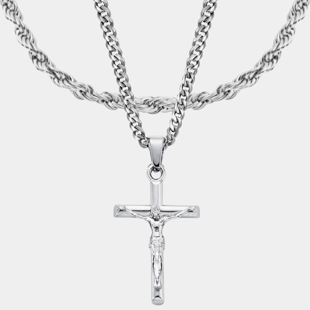 Pack Crucifijo Doble cadena Plateado