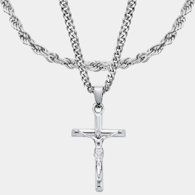 Pack Crucifijo Doble cadena Plateado