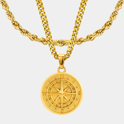 Pack Brújula Doble cadena Baño Oro 18k