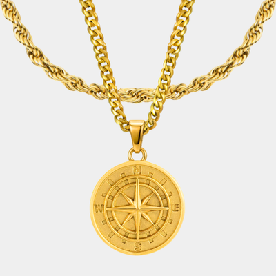 Pack Brújula Doble cadena Baño Oro 18k