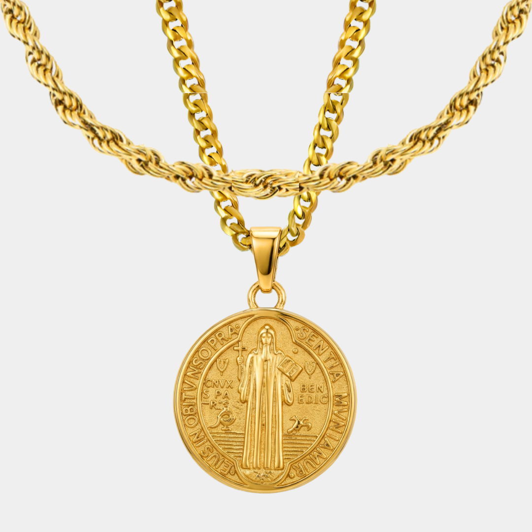 Pack San Benito Doble cadena Baño Oro 18k