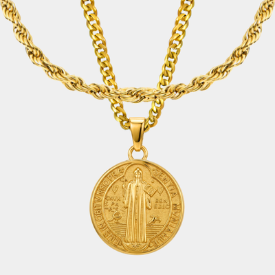Pack San Benito Doble cadena Baño Oro 18k